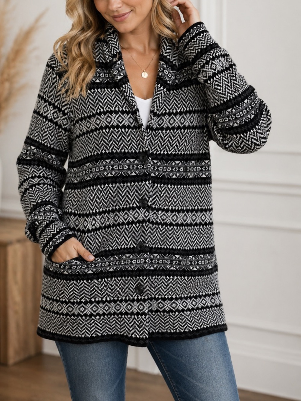 Chaps Fair Isle Cardigan XL Black White Shawl Collar Cozy Button